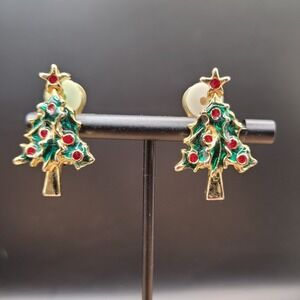 Vintage‎ Enamel Green Amd Red Christmas Tree Clip-on Earrings Gold Tone